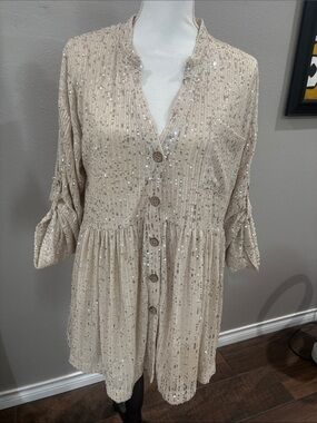 Beige Sequin Button-Front Mini Dress